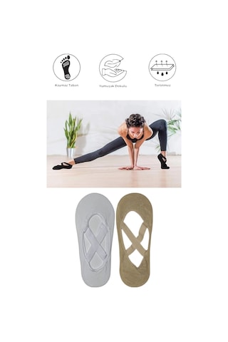 2 Adet Kadın Kaydırmaz Tabanlı Yoga Pilates Fitness Dans Ve Spor Çorabı Beyaz - Bej