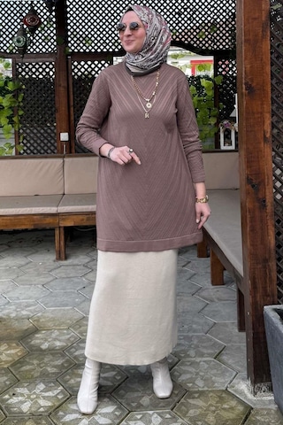 Rabia Şamlı Damla Triko Tunik Sütlü Kahve Çok Renkli