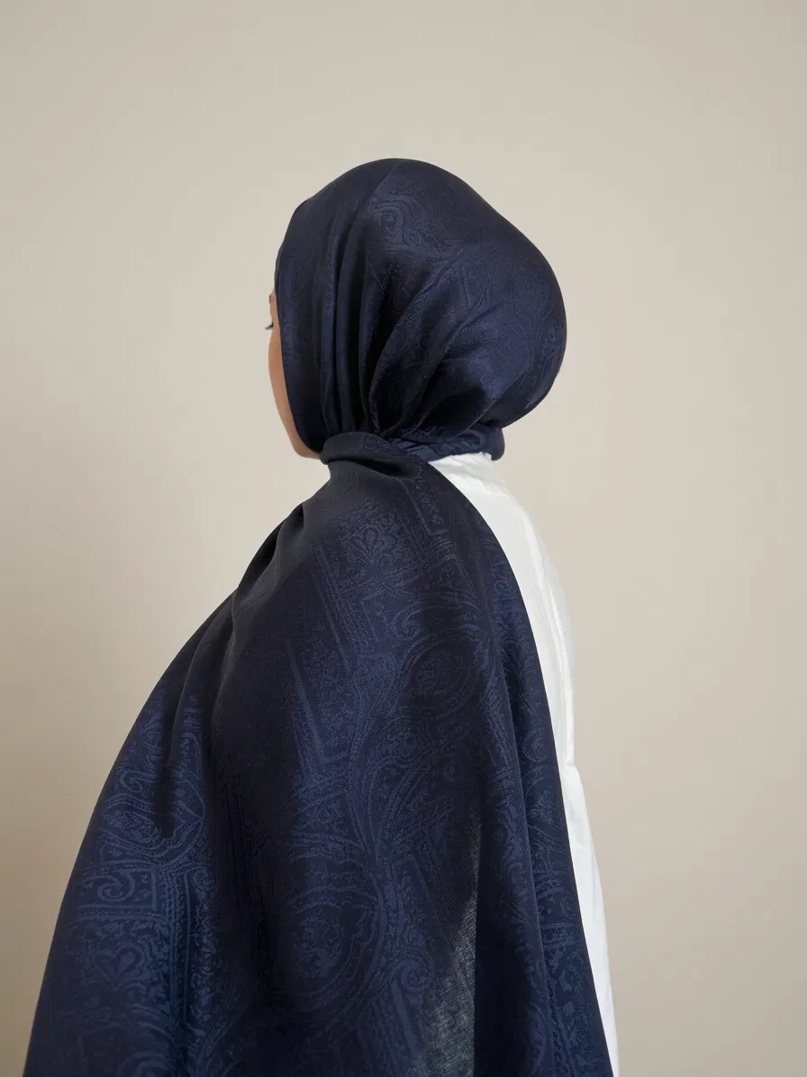 Luniva Etnik Monogram Desen Pamuklu Jakar Şal lacivert