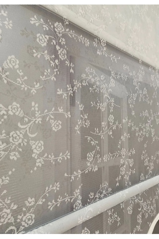 Çiçek Işlemeli Kırık Beyaz Renginde Çift Mekanizmalı Tül Ve Stor Zebra Perde Kırık Beyaz - 109735823 Kırık Beyaz