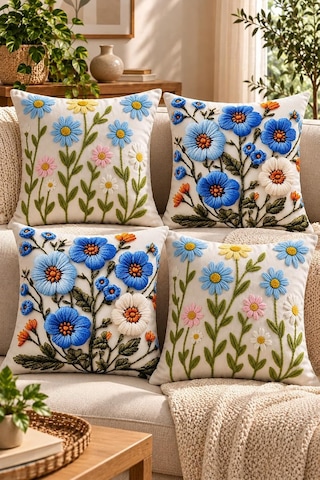4'lü Set Çiçekli Dekoratif Kırlent Kılıfı 43x43 Cm, 3d Efektli Dijital Baskı - Mavi Çiçek Bahçesi Çok Renkli