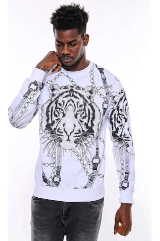 Wessi Beyaz Baskılı Ve Taşlı Bisiklet Yaka Sweatshirt Beyaz