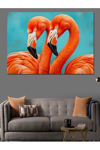 Turuncu Flamingo Kuş Çifti Dekoratif Kanvas - Mdf Ahşap Tablo