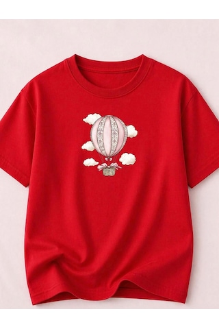 Uçan Balon Baskılı Kompak T-shirt Kırmızı