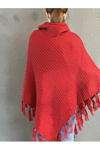 Gönülden Tasarım Örgü Triko Motifli Püsküllü Boğazlı Panço Şal Kırmızı
