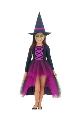 Cadılar Bayramı Halloween Fuşya-siyah Şapkalı Cadı Kız Çocuk Kostümü