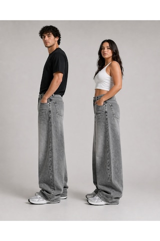 St.poll Eskitme Gri Yıkamalı Unisex Büyük Beden Baggy Jean Pantolon