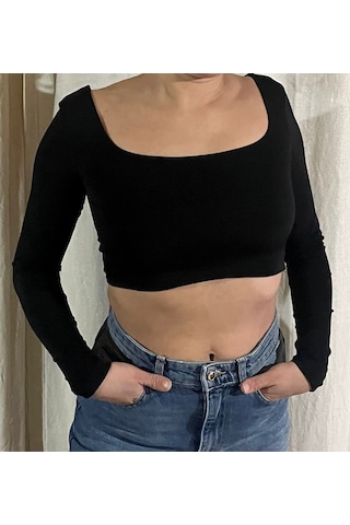 River Island Kadın Siyah Uzun Kollu Kare Yaka Crop Bluz Siyah