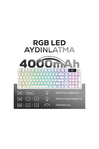 Hk258 Membrane Lcd Rgb Kablosuz/bluetooth Beyaz Full Türkçe Gaming Oyuncu Klavye
