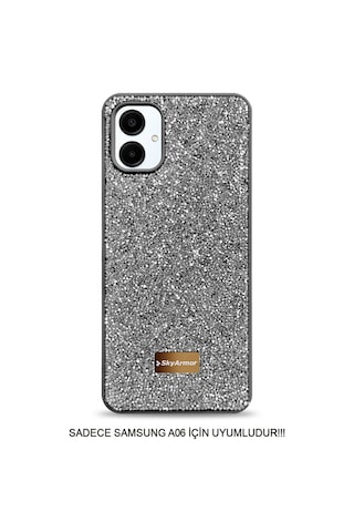 Samsung A06 Uyumlu Kadife İç Yüzey Tasarımlı Taşlı Işıltılı Parlak Pırlanta Kılıf Dia Plus Gri