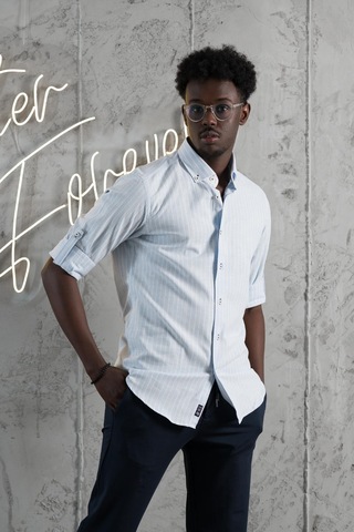 Advante Çizgili Yaka Düğmeli Katlamalı Kol Pamuklu Slimfit Yazlık Keten Gömlek Mavi