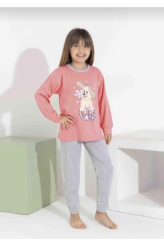 Kız Çocuk Baskılı Uzun Kollu Pijama Takımı Sevimli Ev Giyimi-8408- Pembe