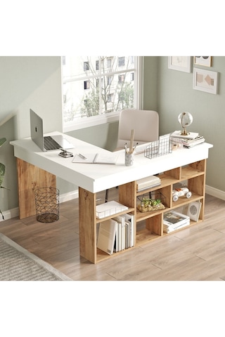Corner Kitaplık Raflı Çalışma Masası Çam-antrasit Cor5-aw Beyaz - Çam