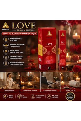 Mahur Love Premium Çubuk Tütsü 120 Adet 6 Kutu X 20 Çubuk, Hoş Kokulu Ortam Tütsüsü, Ev, Ofis, Meditasyon, Yoga Ve Spa