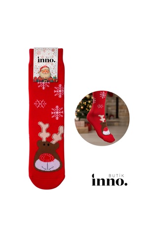 Inno Yılbaşı Desenli Noel Babalı Hediyelik Kraft Kutulu Çorap Tekli Çok Renkli