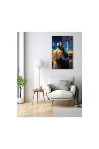 Kutsal Yolculuk Kâbe Yi Seyreden Aile Temalı Cam Tablo Modern Dekorasyon Temalı Dekoratif Duvar Tablosu, Salon, Ev Ve Ofis Dekoru,