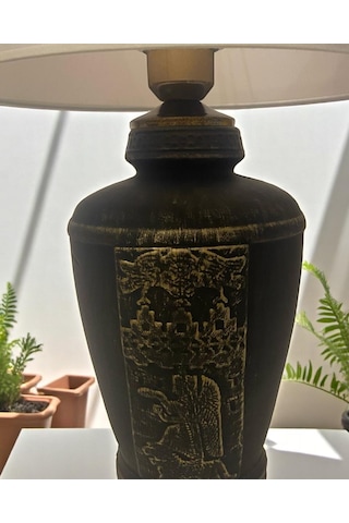 Gold Renk Eskitme Sümer Dekoratif Abajur - Beyaz Beyaz