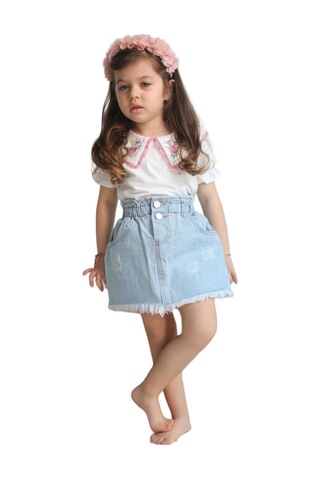 İrem Kız Çocuk Yakası Pembe Dantel Nakışlı Kolu Lastikli Sırtı Düğmeli Kot Etekli Takım Ekru