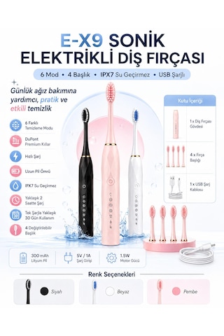 E-x9 Sonik Elektrikli Diş Fırçası 4 Başlıklı Şarjlı -6temizlik Modu Usb Şarjlı Ipx7 Suya Dayanıklı Beyaz