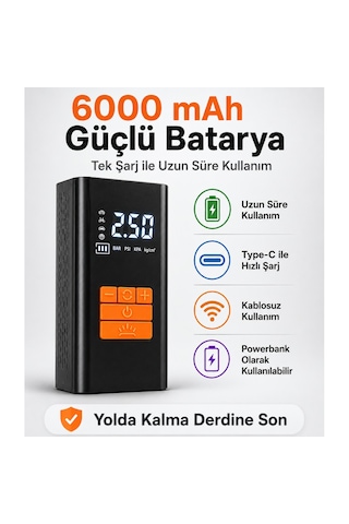 Kablosuz Hava Pompası 6000 Mah Şarjlı Dijital Ekranlı Lastik Şişirme Kompresörü Araç Bisiklet Motor Top Siyah