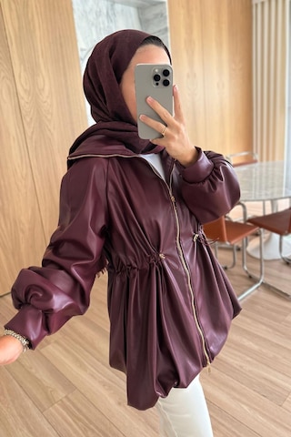 Beli Büzgülü Deri Ceket - Bordo Bordo