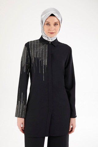 Armine Trend Taş Detaylı Gömlek Yaka İkili Takım-siyah 25yt602