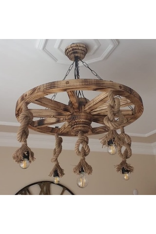 Otantik Çarşı Ahşap Halatlı Teker Avize 70 Cm. 5'Li