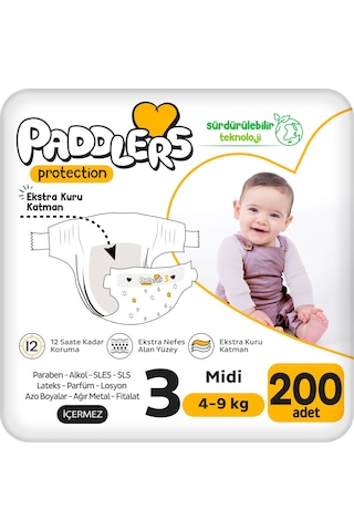 Protection Bebek Bezi 3 Numara Midi (4-9 Kg) 200 Adet – Ekstra Jumbo Set, Maksimum Koruma