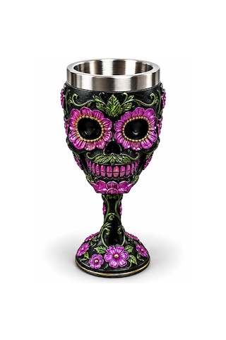 Day Of The Dead Şeker Kuru Kafa Tasarımlı 3d Kabartmalı Paslanmaz Çelik Kadeh Bardak 18x7 Cm Çok Renkli