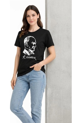 Wear Vexel Kadın Atatürk Baskılı Tişört Kısa Kollu Bisiklet Yaka T-shirt - Siyah Siyah