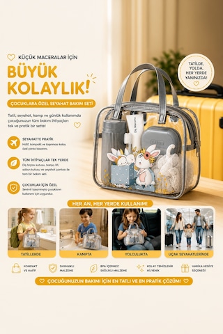 Porsima 3145 Tavşan Figürlü Seyahat Seti - Diş Fırçası Kutusu Banyo Lifi Sabun Kutusu Gri Gri