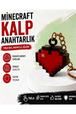 Minecraft Kalp Anahtarlık Basmalı Fidget Pixel Kalp Anahtarlık Kırmızı