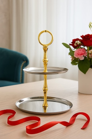 2 Katlı Yuvarlak Paslanmaz Çelik Sunumluk,kurabiyelik,makaronluk,söz,nişan Masa Aksesuarı,çeyizlik Gold