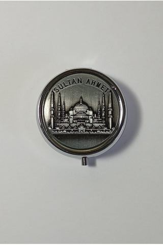 Mini Taşınabilir Cep Küllüğü - Mini Cep Küllüğü - Çanta Küllüğü 5cm - Sultanahmet Desenli Kapaklı Metal Mini Kül Tabağı Gümüş Rengi