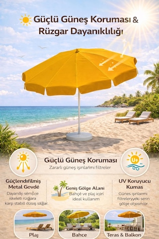 Sarı Renkli 200 Cm Çap Ve 10 Telli Plaj Şemsiyesi + Şemsiye Kılıfı, Bidonsuz