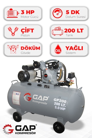 Gap Kompresör GP200  Pistonlu 200 L 2 Kafa 8 Bar Hava Kompresörü