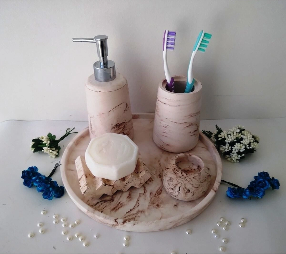 Marble Bej Serisi Banyo Seti, Sıvı Sabunluk Diş Fırçalığı Beton Aksesuar Takımı Bej