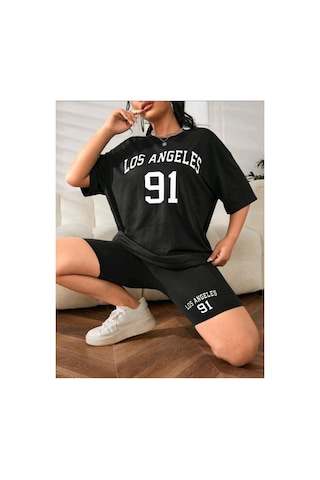 Caxis Los Angeles 91 Baskılı Kadın Tişört Tayt Takım Siyah