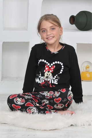 Miniğimin Cicileri Mnn Ms Kalpli Kız Çocuk Pijama Takımı - Siyah Siyah