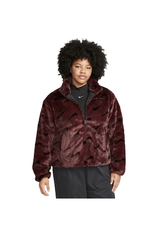 Nike Sportswear Loose Fit Printed Faux Fur Jackret Geniş Kalıp Suni Kürk Kadın Ceket Bordo Bordo