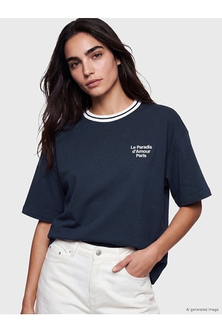 Lcw Vision Lacivert Paris Baskılı Oversize Kadın Tişört
