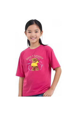 Panios Kids Baskılı Kız Çocuk Kısa Kollu T-shirt Fuşya
