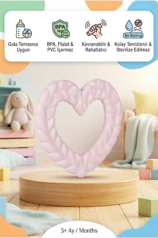 Kalp Şekilli Esnek Bpa İçermeyen Kabartılı Pastel Renkli Oyuncak Bebek Diş Kaşıyıcısı Pembe