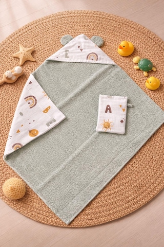 Heianmono Kundak Bebek Banyo Havlusu Dışı Müslin İçi Havlu (%100 Pamuk) (75x75 Cm) (Mint Yeşili) (0 - 24 Ay)