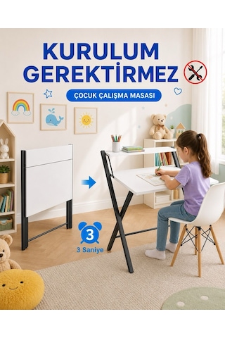 Dobo Çocuk Öğrenci Ders Masası Katlanır Çalışma Masası Siyah - Beyaz