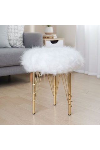Beyaz Peluş Puf Tabure, Gold Renk Metal Ayaklı Yumuşak Oturma Pufu 38x37 Cm - Yatak Odası, Salon Pufu Beyaz