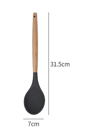 Silikon Kaşık Mutfak Kaşığı Servis Kaşığı Ahşap Saplı 31,5 Cm