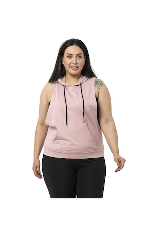 Disentis Büyük Beden Kanguru Cepli Kapüşonlu Geniş Kol Oyuntulu Pudra T-shirt-pudra Pudra