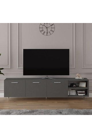 Asra Trend Tv Ünitesi T-21 %100 MDF 200 cm Büyük Boy Tv Sehpası Dolaplı Raflı Koyu Gri