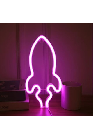 Neon Renkli Pembe Roket Pilli ve Usbli Çocuk Odası Duvar Gece Lambası Çok Renkli